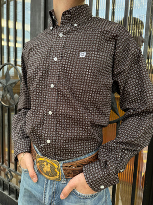 MEN'S GEOMETRIC PRINT BUTTON-DOWN WESTERN SHIRT - BROW CINCH | MTW1105487