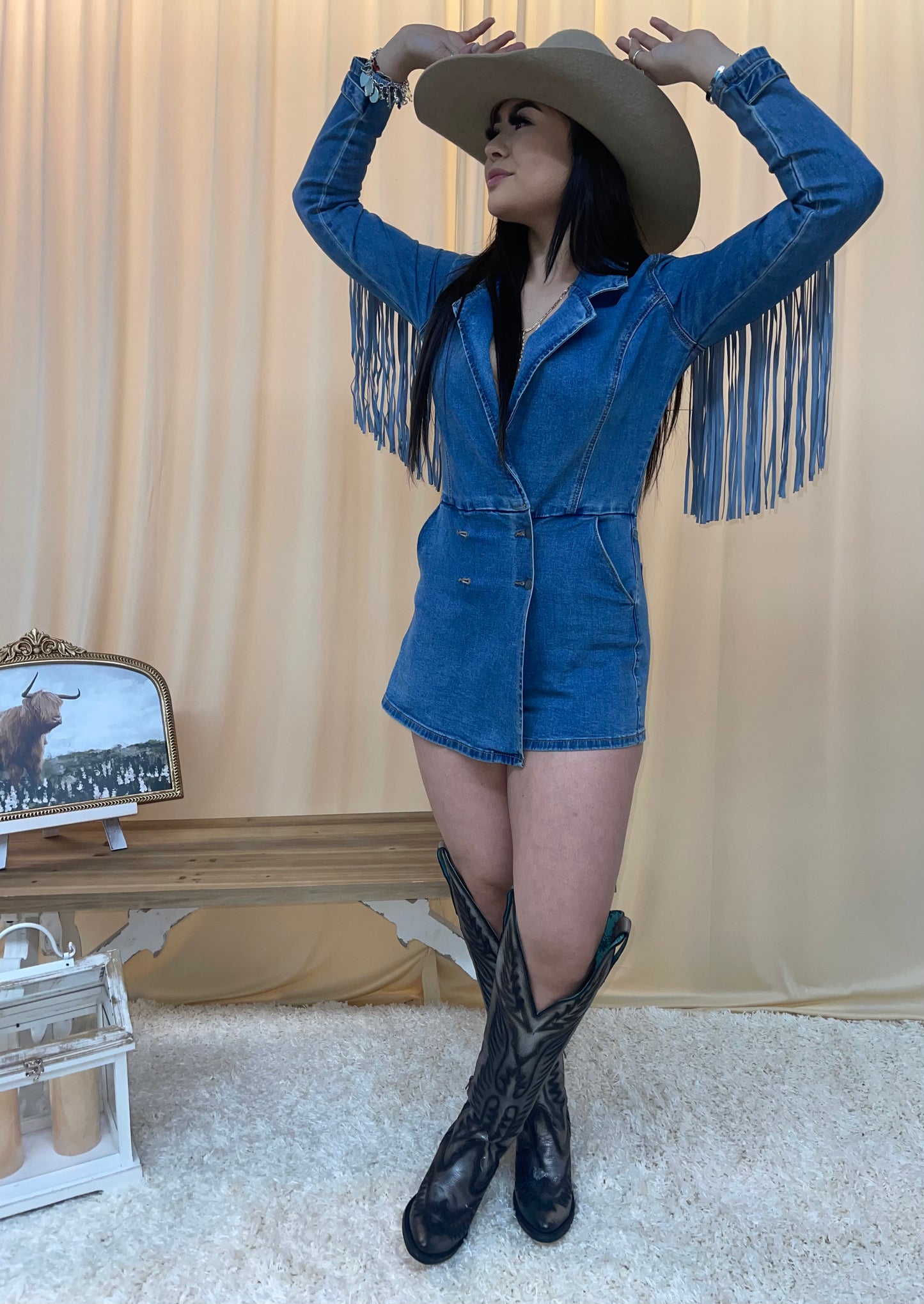 “ Cleo “ |  DENIM FRINGE ROMPER LIGHT WASH ROCK & ROLL  RRWDR2RZPU