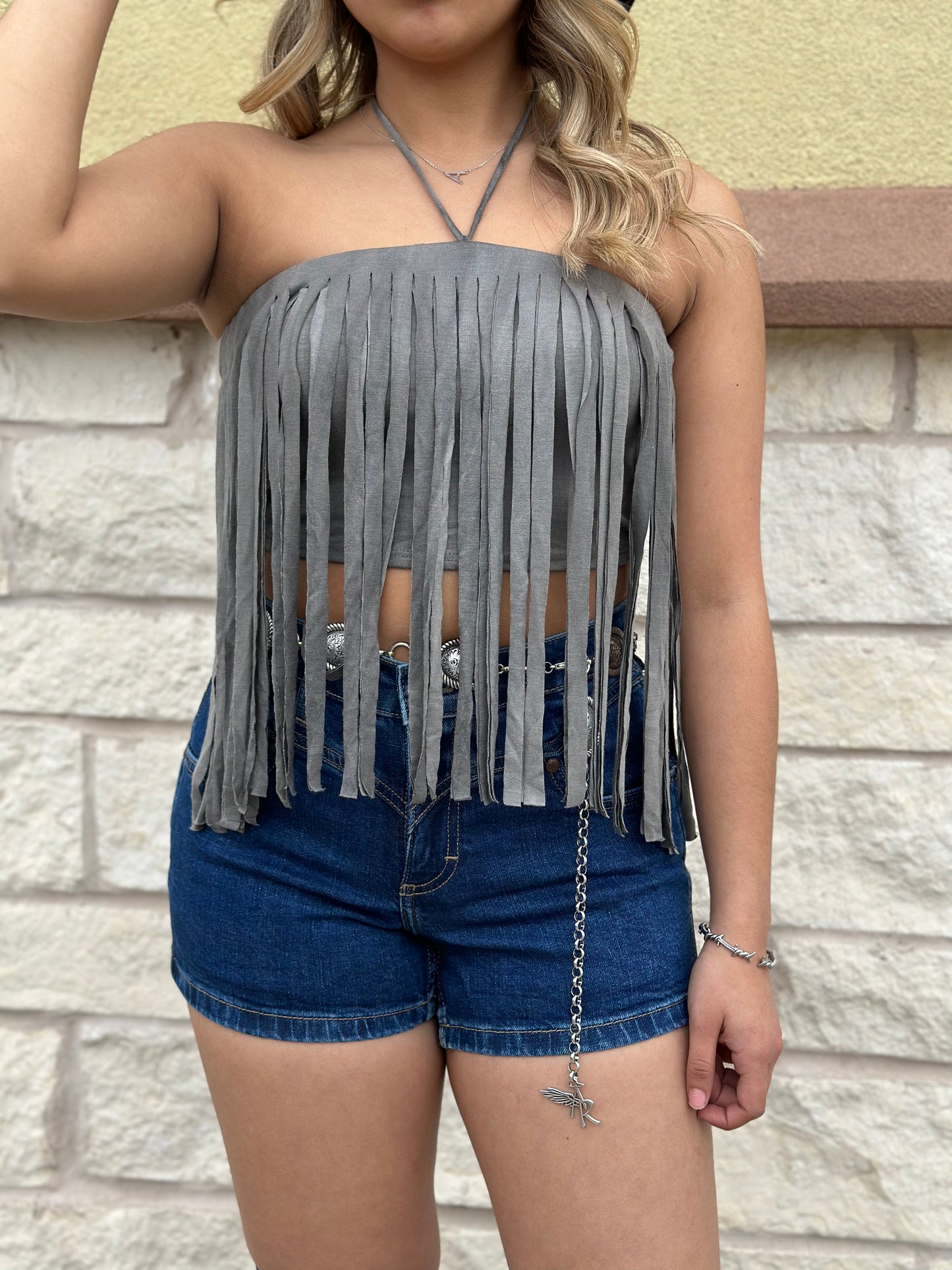 BELY FRINGE CROP TOP (BLACK GREY)