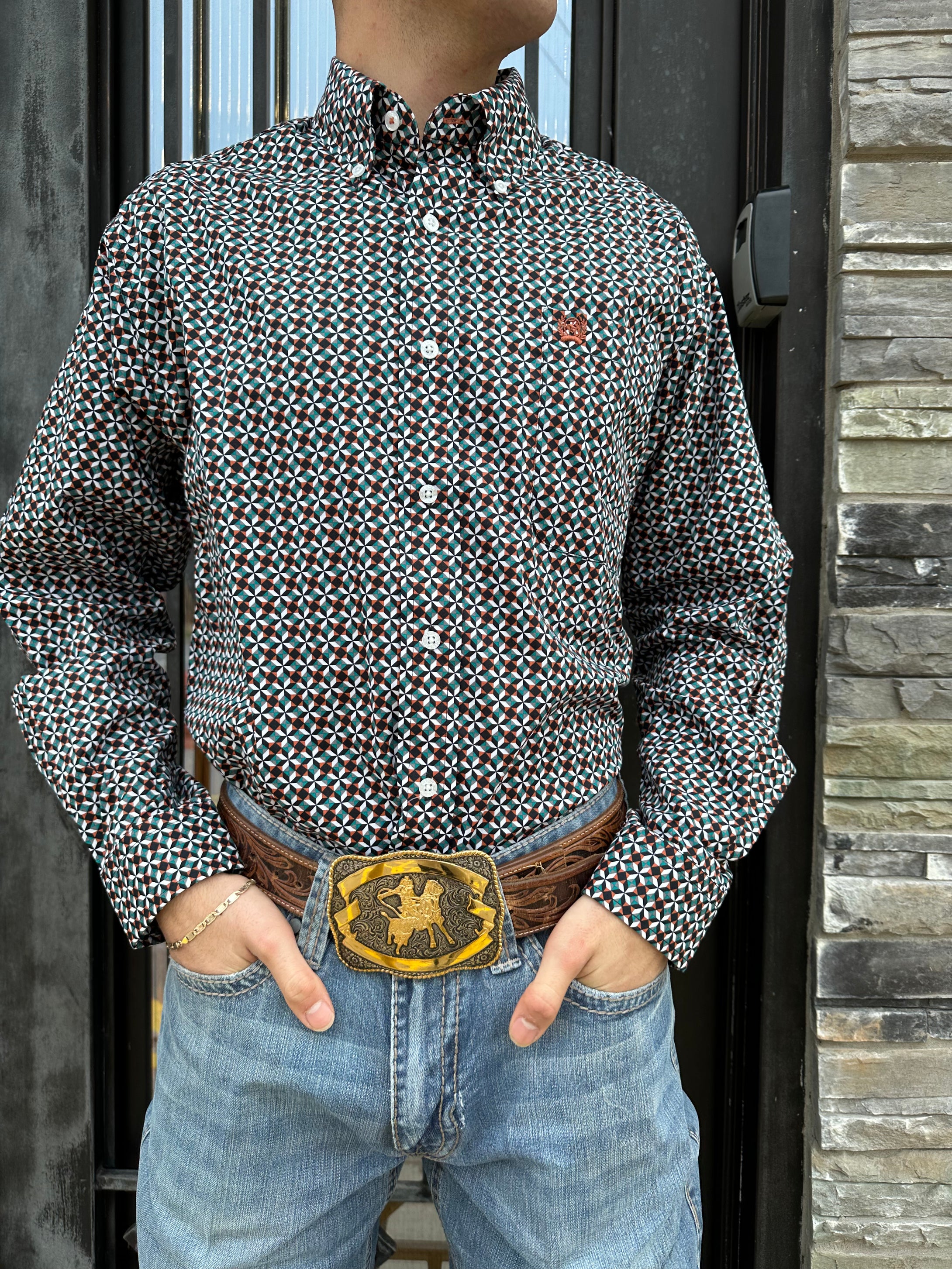 MEN'S GEOMETRIC BUTTON-DOWN WESTERN SHIRT - WHITE / BLACK / TEAL / Cinch |  MTW1105496