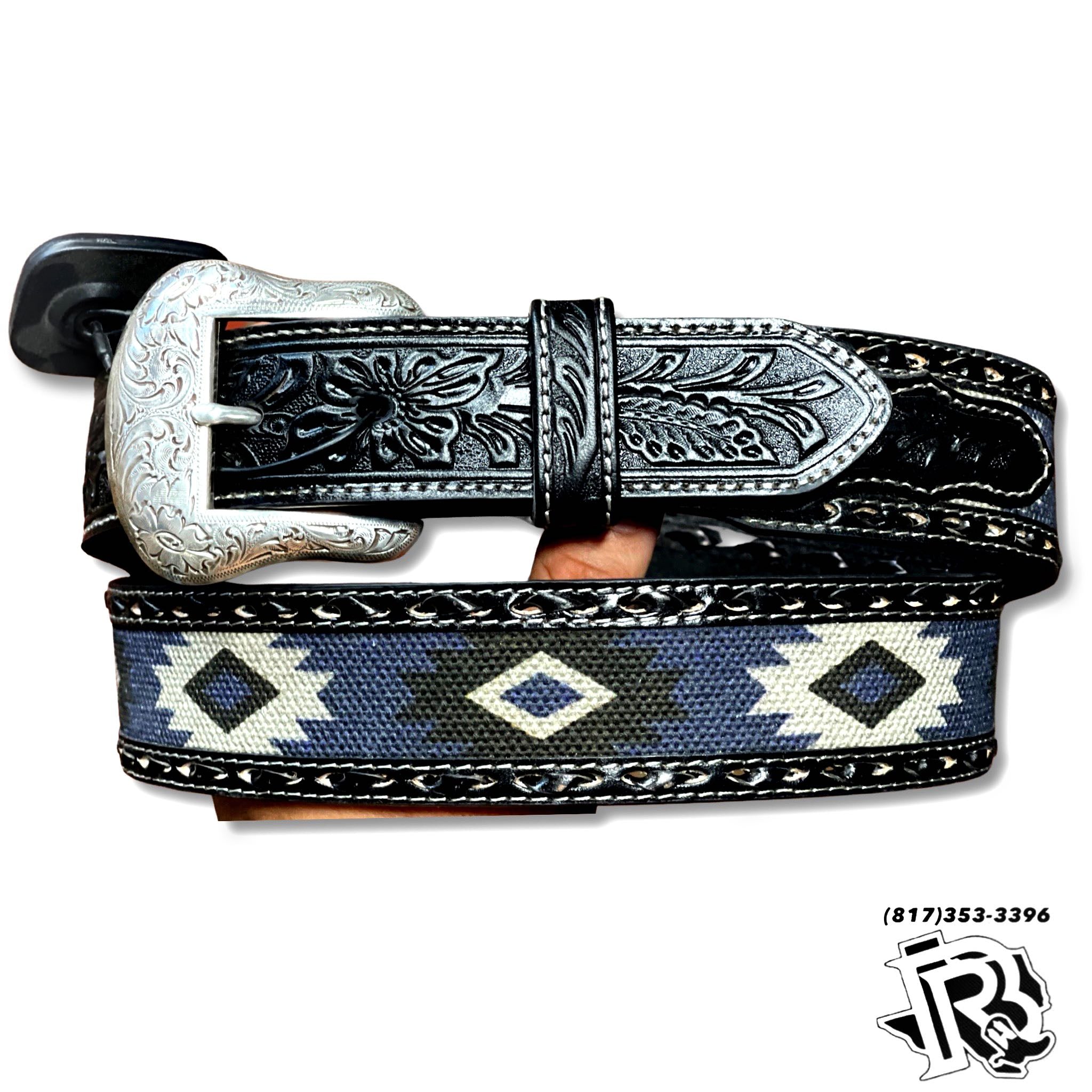Blue and Black Beaded Leather Belt 