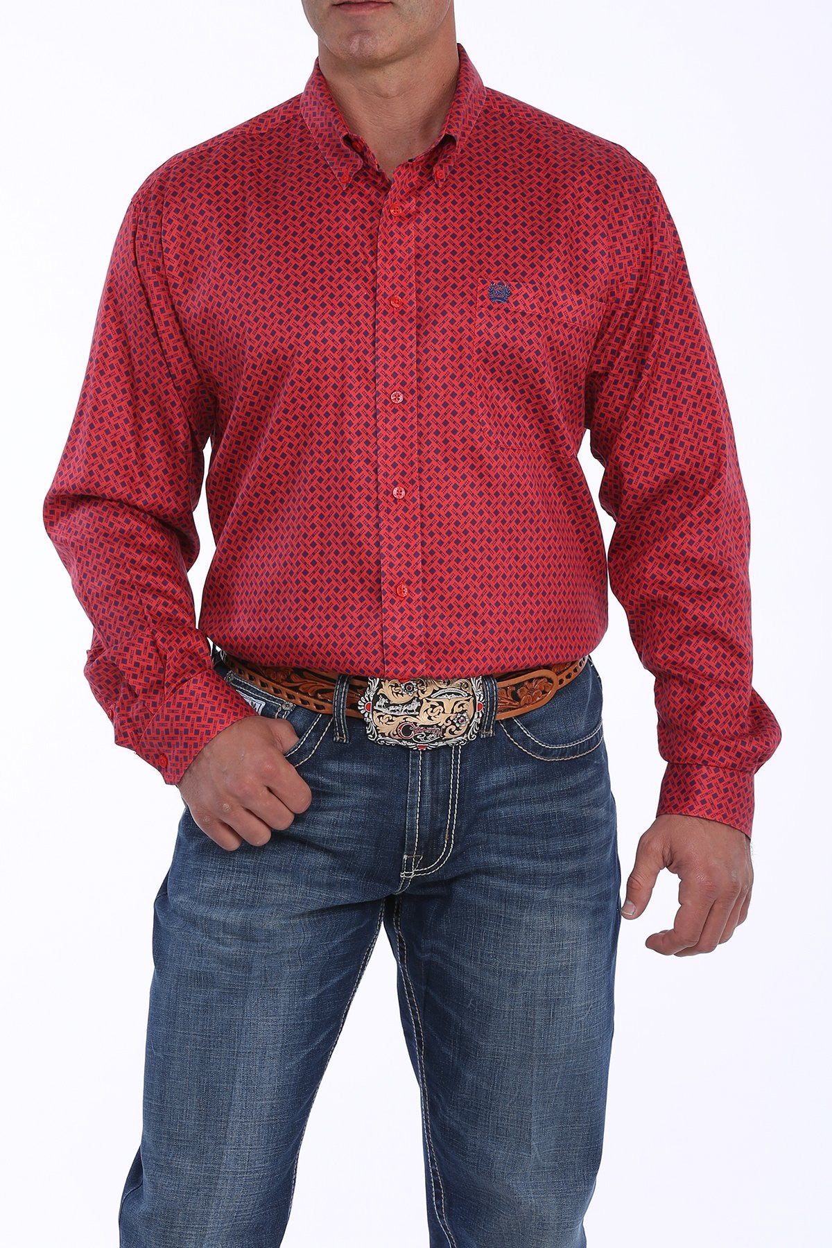 MENS RED AND NAVY GEOMETRIC PRINT BUTTON-DOWN WESTERN SHIRT MTW1104887