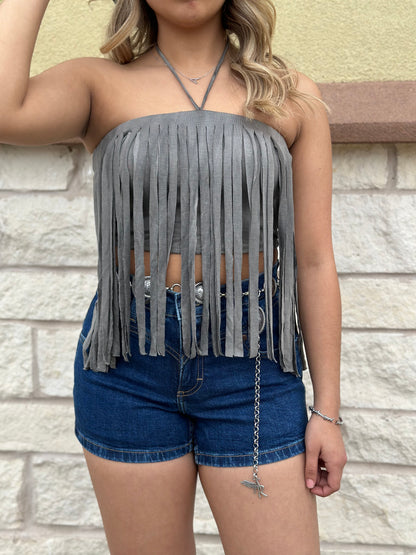 BELY FRINGE CROP TOP (BLACK GREY)