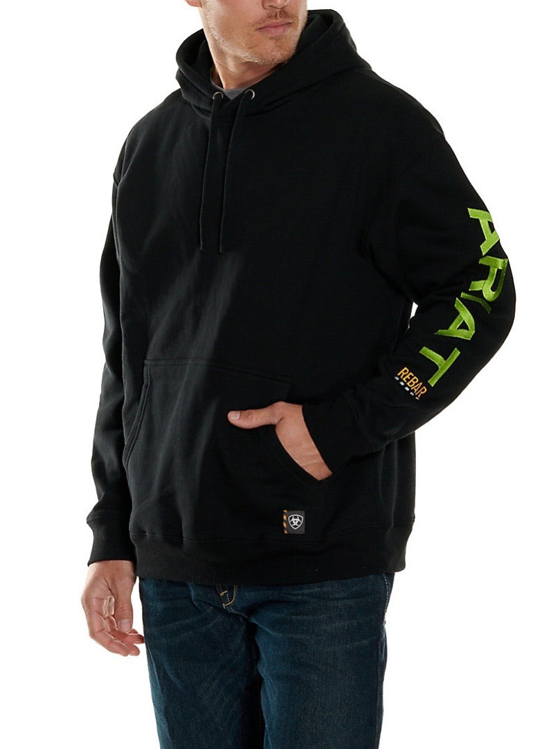 ARIAT MEN'S REBAR BLACK WITH LIME GREEN LOGO PULLOVER HOODIE (10032993)