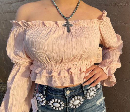 CASANDRA PEACH OFF SHOULDER TOP | HF22E115