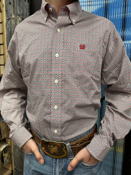 MEN'S GEOMETRIC PRINT BUTTON-DOWN WESTERN SHIRT - CREAM / RED | MTW1105459